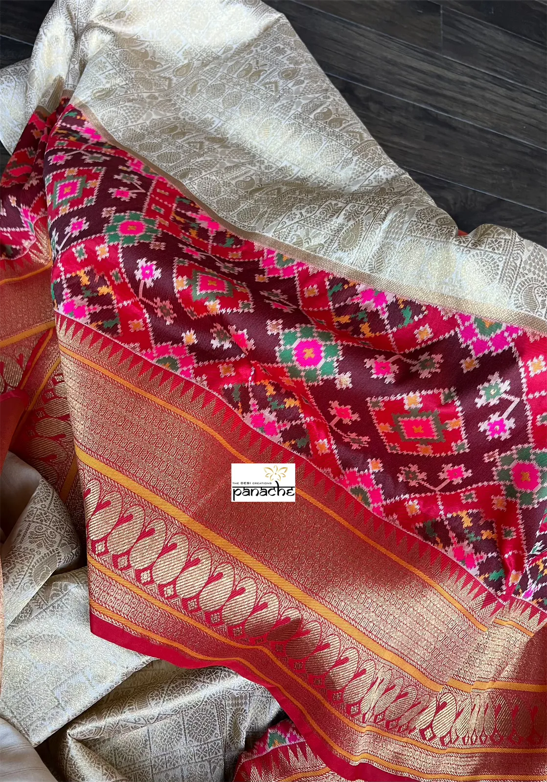 Soft Silk Patola Brocade Banarasi - Golden Beige Red Antique Golden Zari