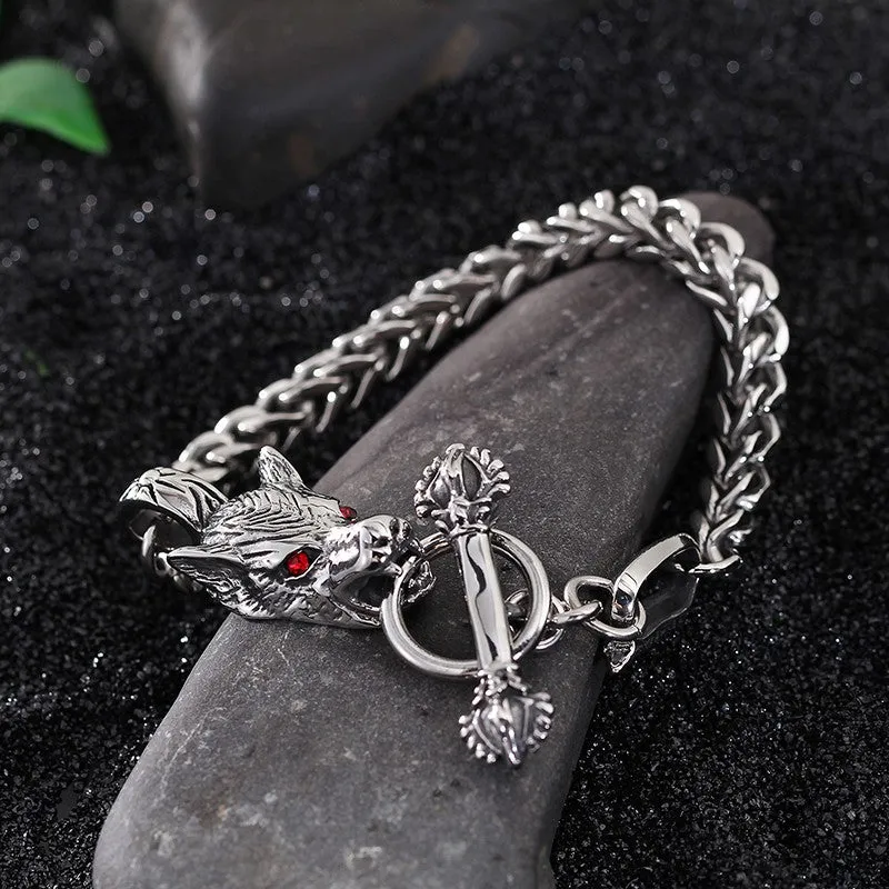 Stainless Steel Red Eyes Wolf Link Chain Toggle Bracelet