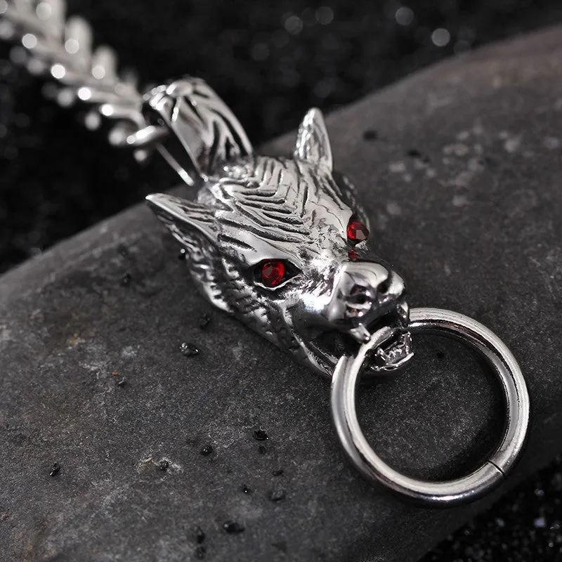 Stainless Steel Red Eyes Wolf Link Chain Toggle Bracelet