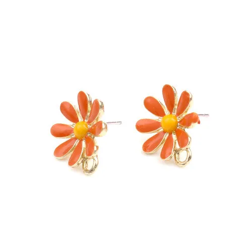 Stud Earring Findings, Alloy, Daisy Flower, With Closed Loop, Gold Plated, Orange, Yellow, Enameled, 14.6mm