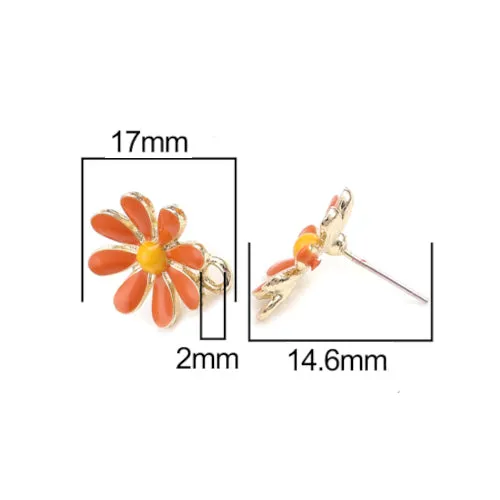 Stud Earring Findings, Alloy, Daisy Flower, With Closed Loop, Gold Plated, Orange, Yellow, Enameled, 14.6mm