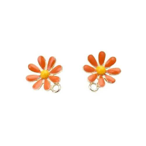 Stud Earring Findings, Alloy, Daisy Flower, With Closed Loop, Gold Plated, Orange, Yellow, Enameled, 14.6mm