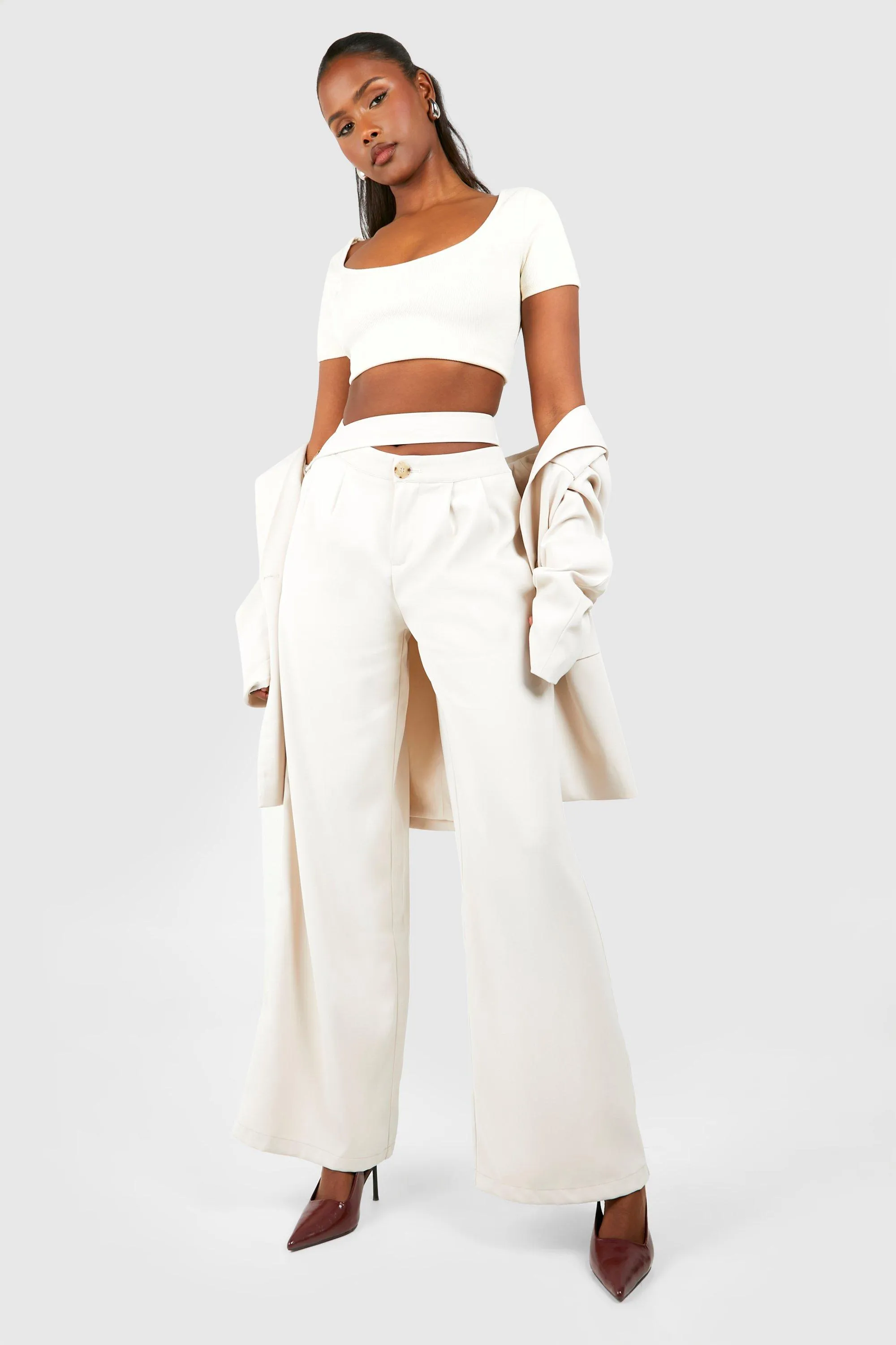 Tab Front Pleat Detail Wide Leg Pants