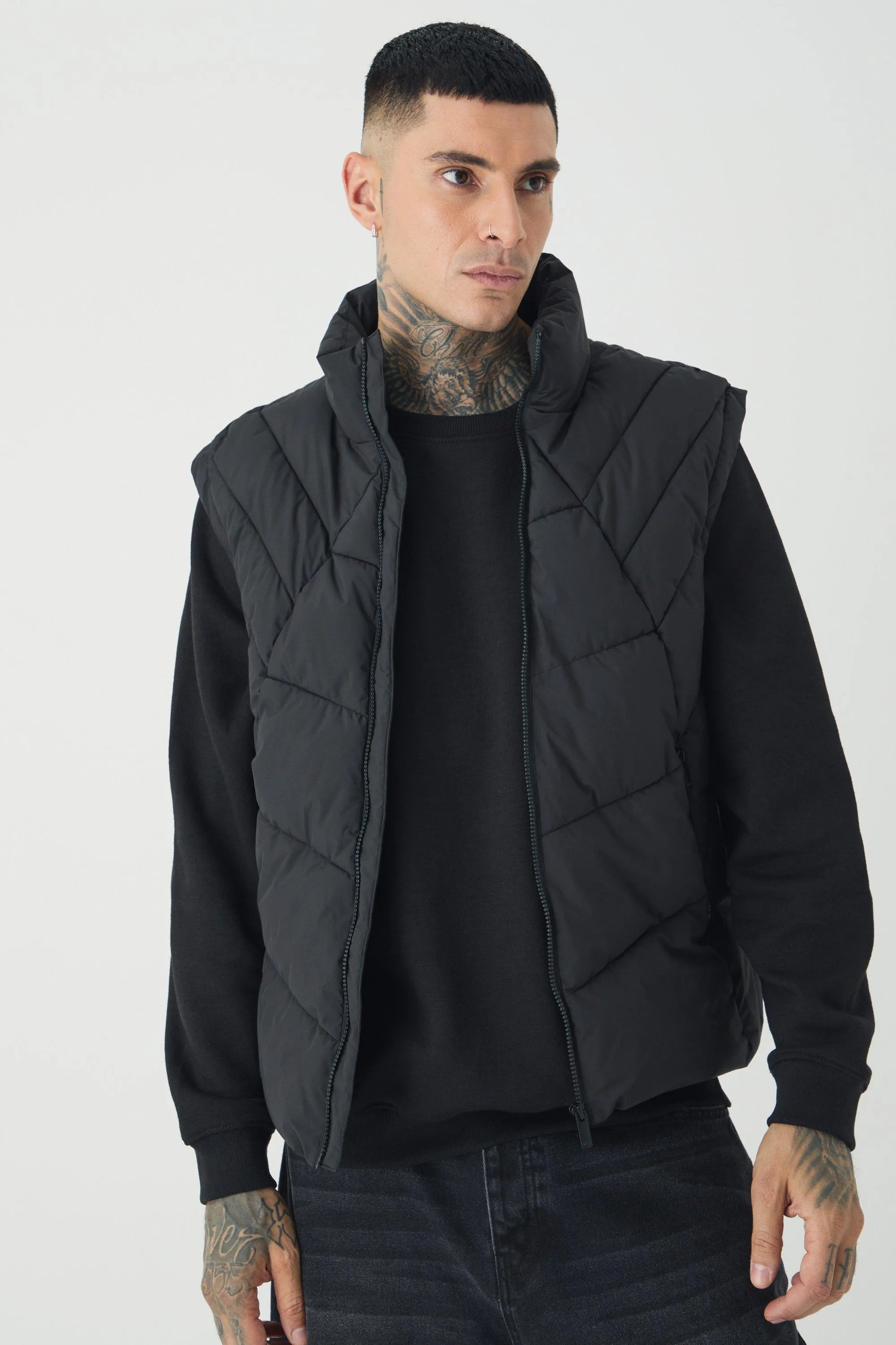 Tall Abstract Quilted Funnel Neck Vest In Black