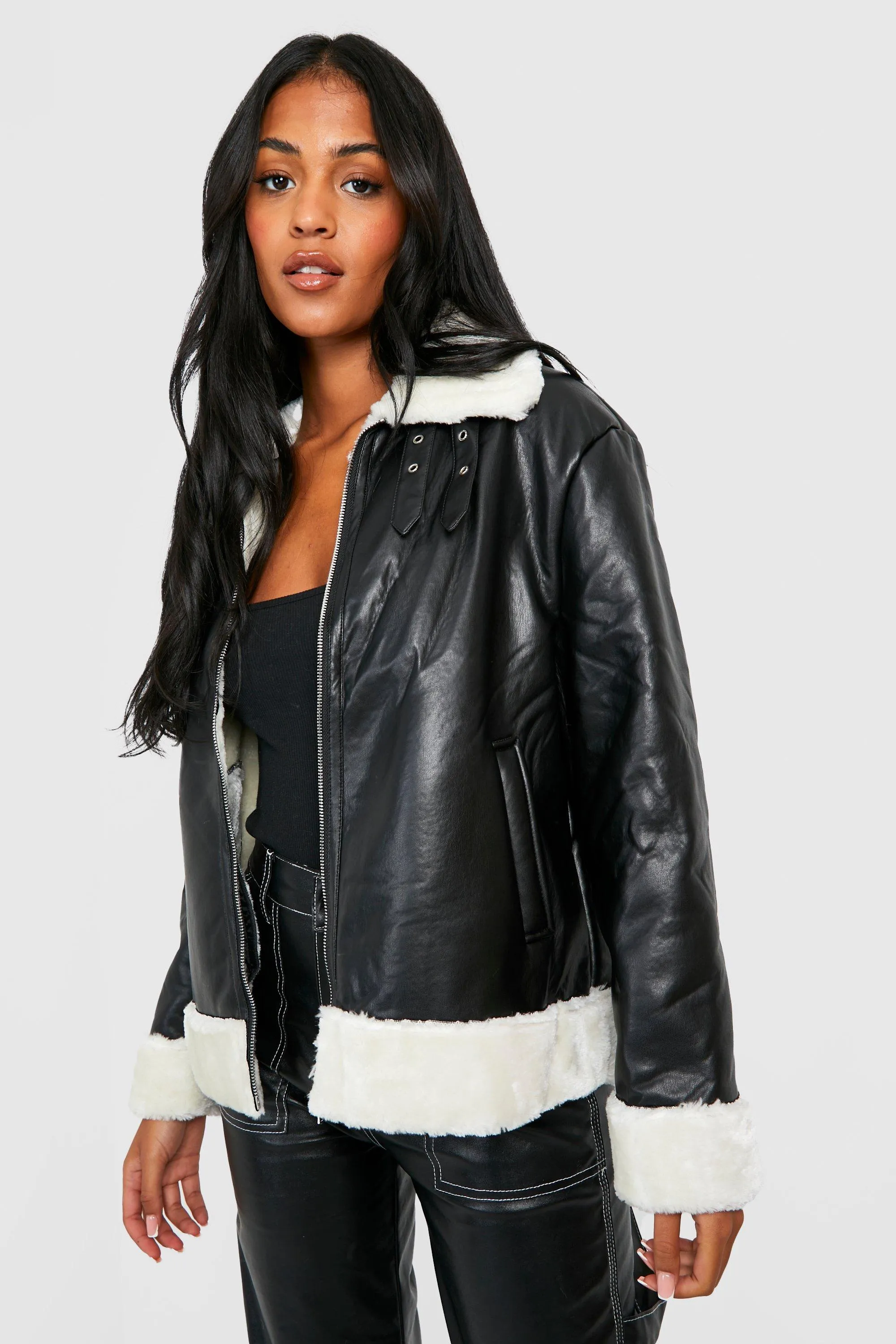 Tall Contrast Faux Fur Aviator Jacket