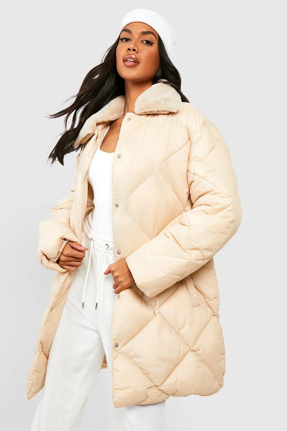 Tall Faux Fur Collar Diamond Quilt Puffer