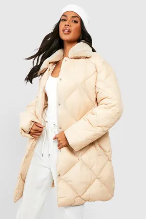 Tall Faux Fur Collar Diamond Quilt Puffer