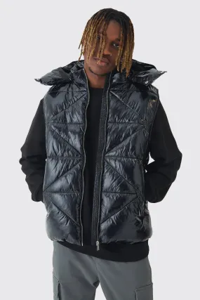 Tall Quilted High Shine Vinyl Hooded Vest In Black