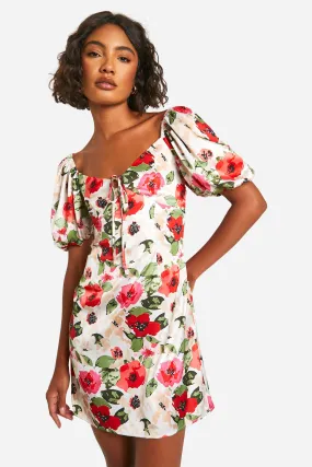 Tall Satin Floral Short Sleeve Mini Dress