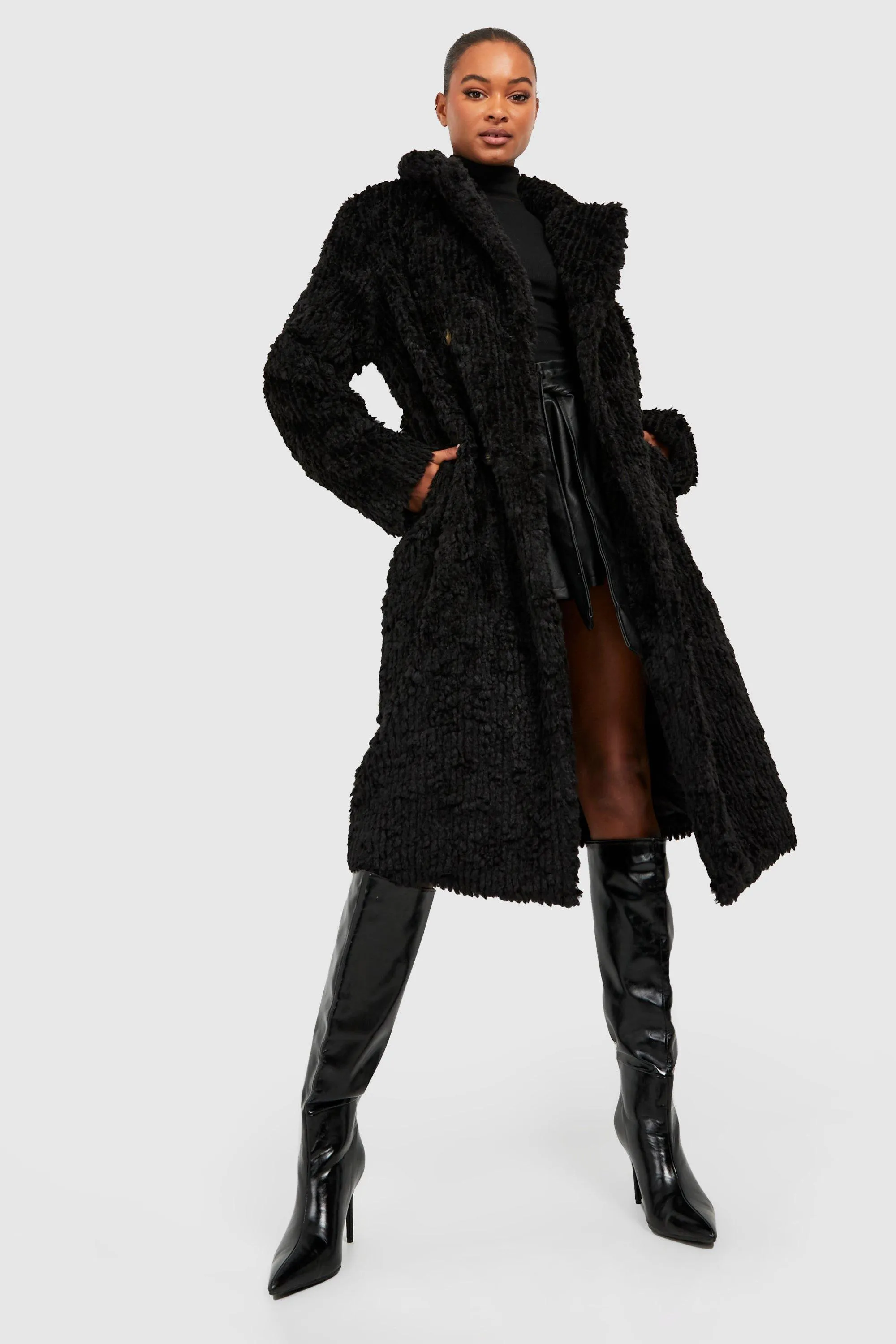 Tall Textured Faux Fur Double Breasted Coat