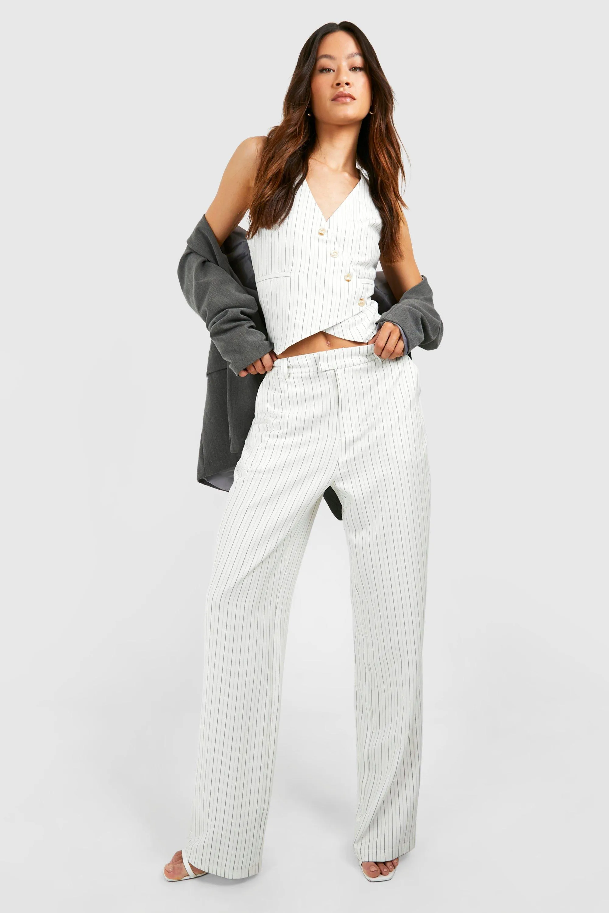 Tall Woven Stripe Tailored Wide Leg Pants