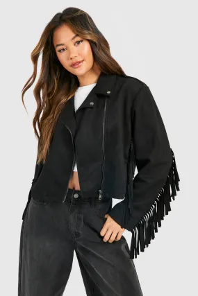 Tassel Detail Faux Suede Moto Jacket