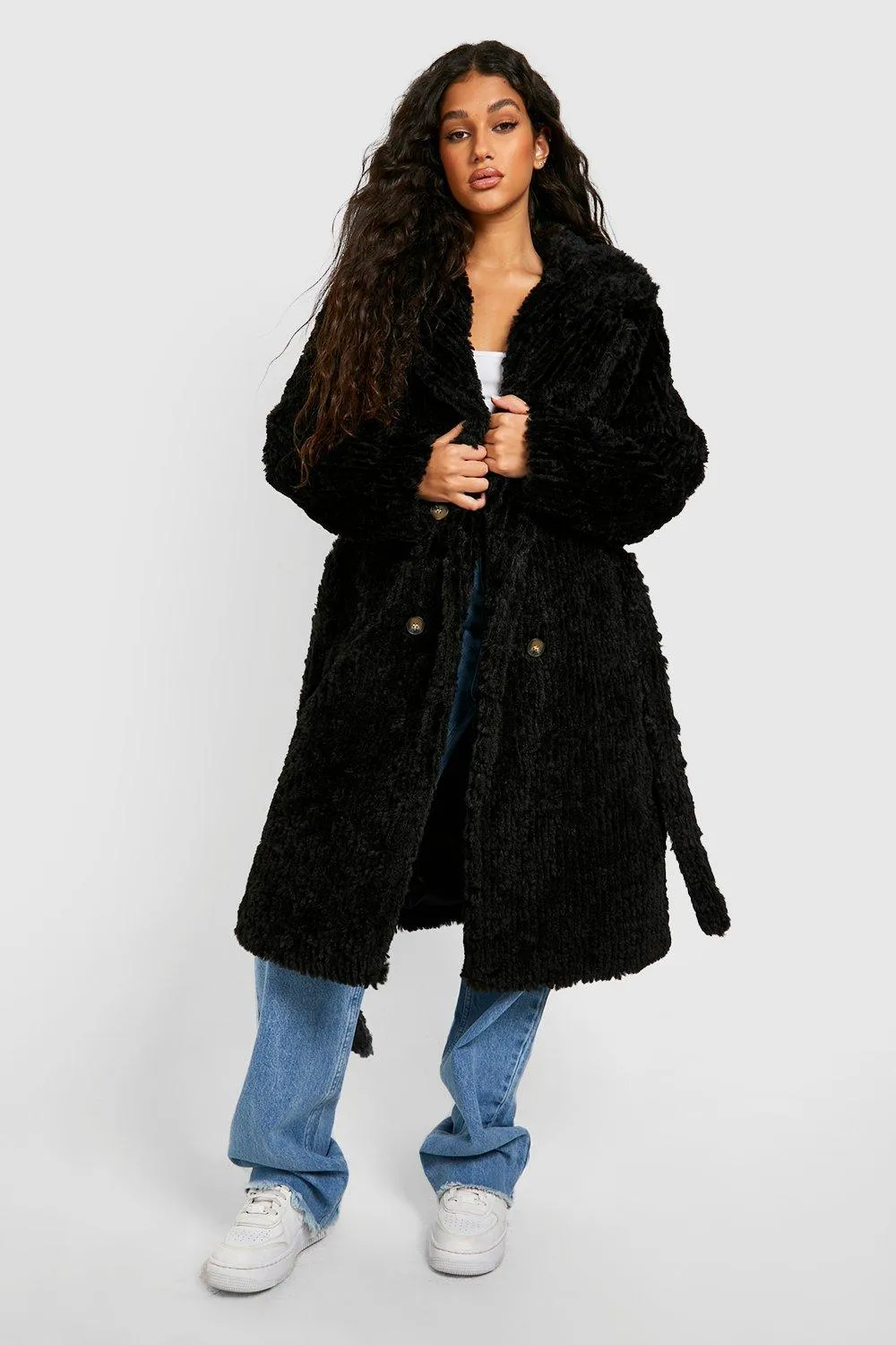 Textured Faux Fur Belted Coat