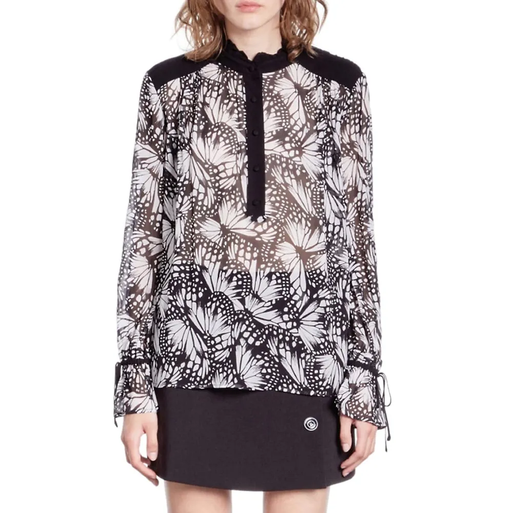 The Kooples Butterfly-Print Trimmed Illusion Blouse