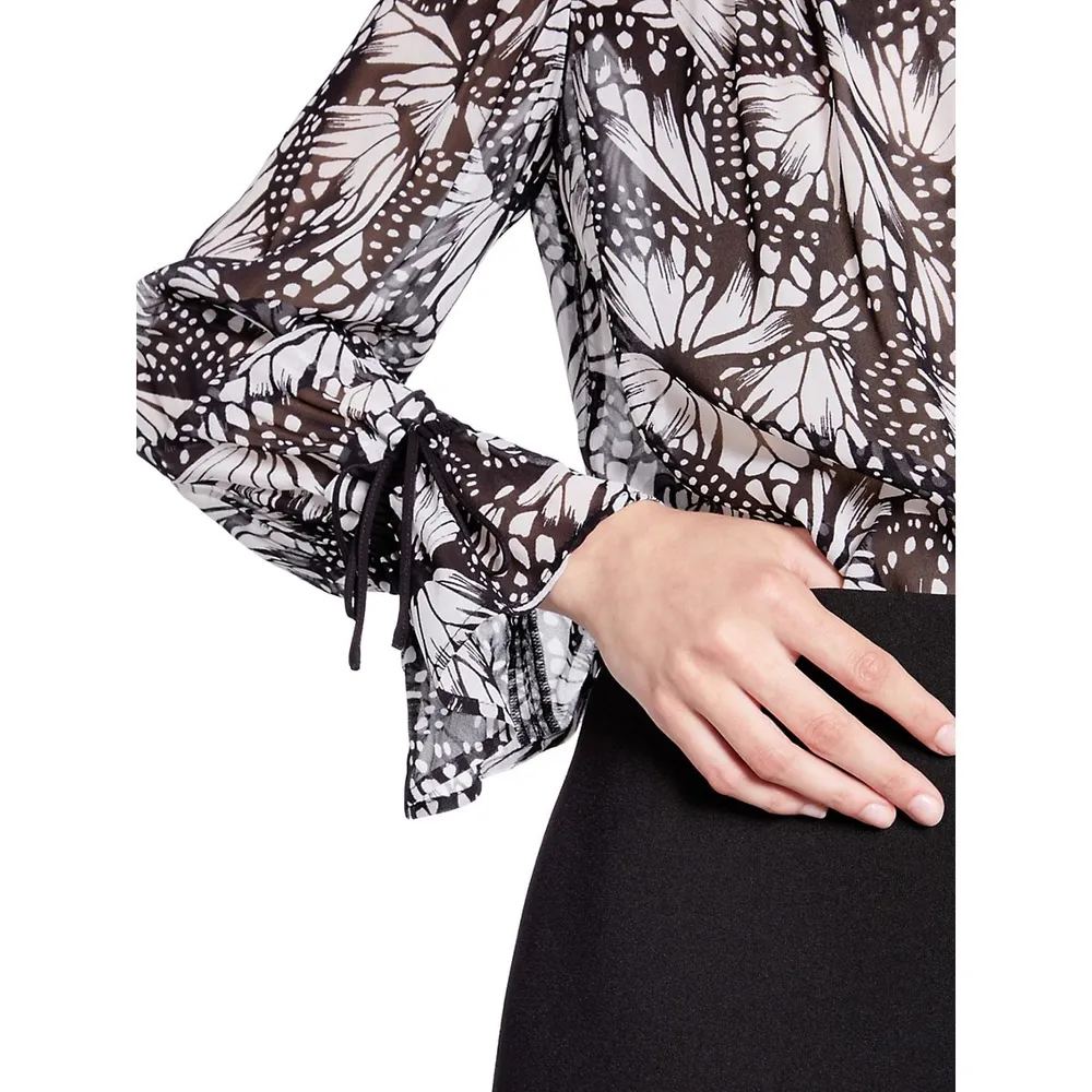 The Kooples Butterfly-Print Trimmed Illusion Blouse