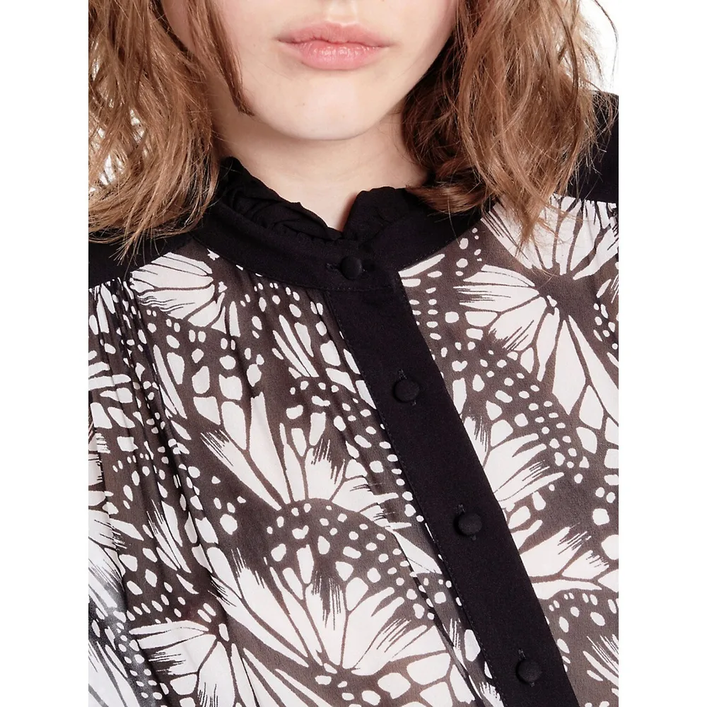 The Kooples Butterfly-Print Trimmed Illusion Blouse