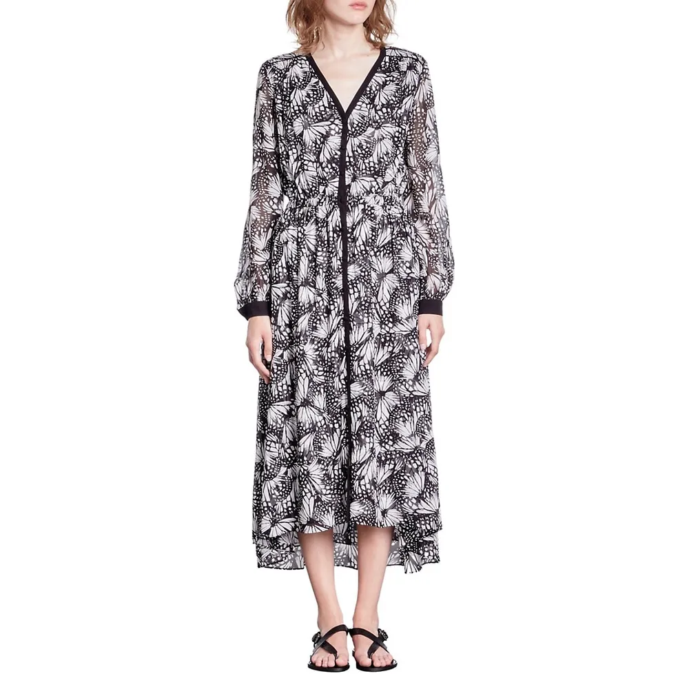 The Kooples Butterfly-Print V-Neck Button Midi Dress