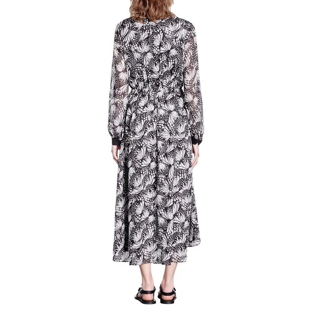 The Kooples Butterfly-Print V-Neck Button Midi Dress