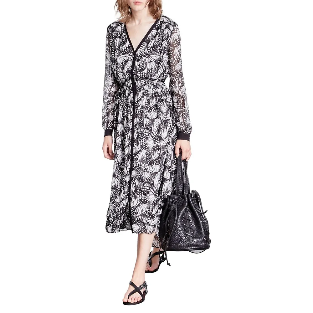 The Kooples Butterfly-Print V-Neck Button Midi Dress