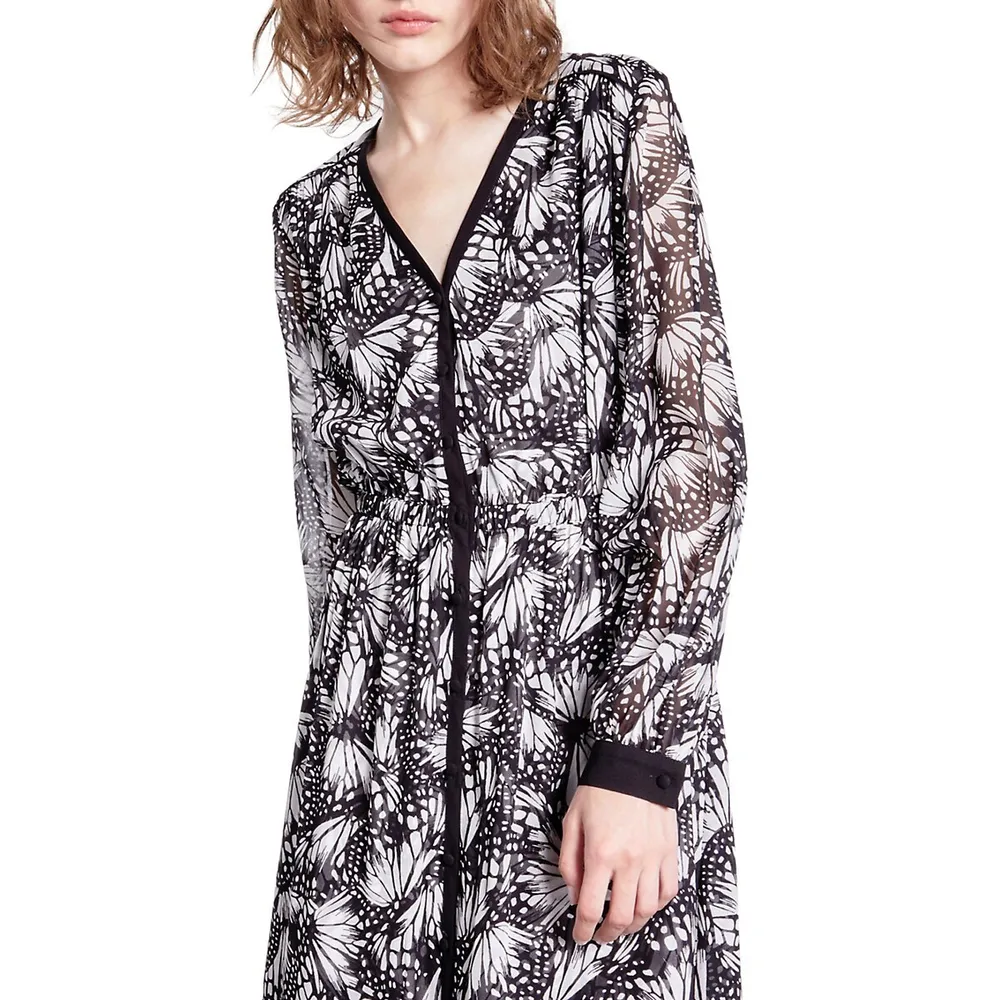 The Kooples Butterfly-Print V-Neck Button Midi Dress