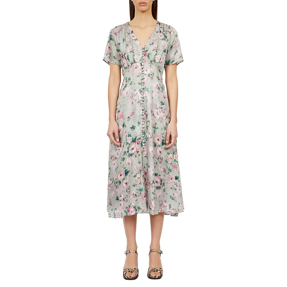 The Kooples Floral Button-&-Loop Empire Midi Dress