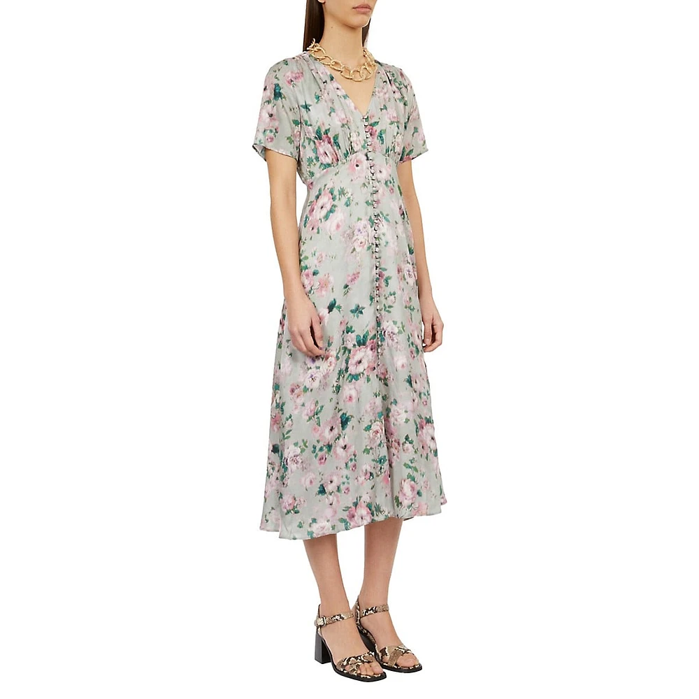 The Kooples Floral Button-&-Loop Empire Midi Dress