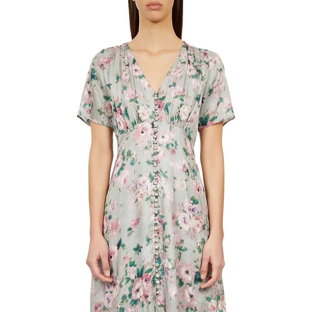 The Kooples Floral Button-&-Loop Empire Midi Dress