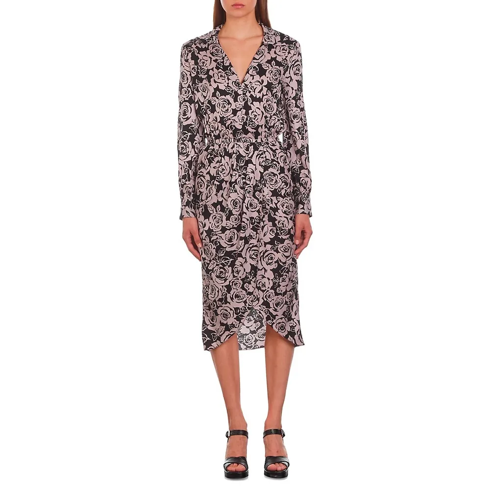 The Kooples Floral-Print Long-Sleeve Collared Midi Dress