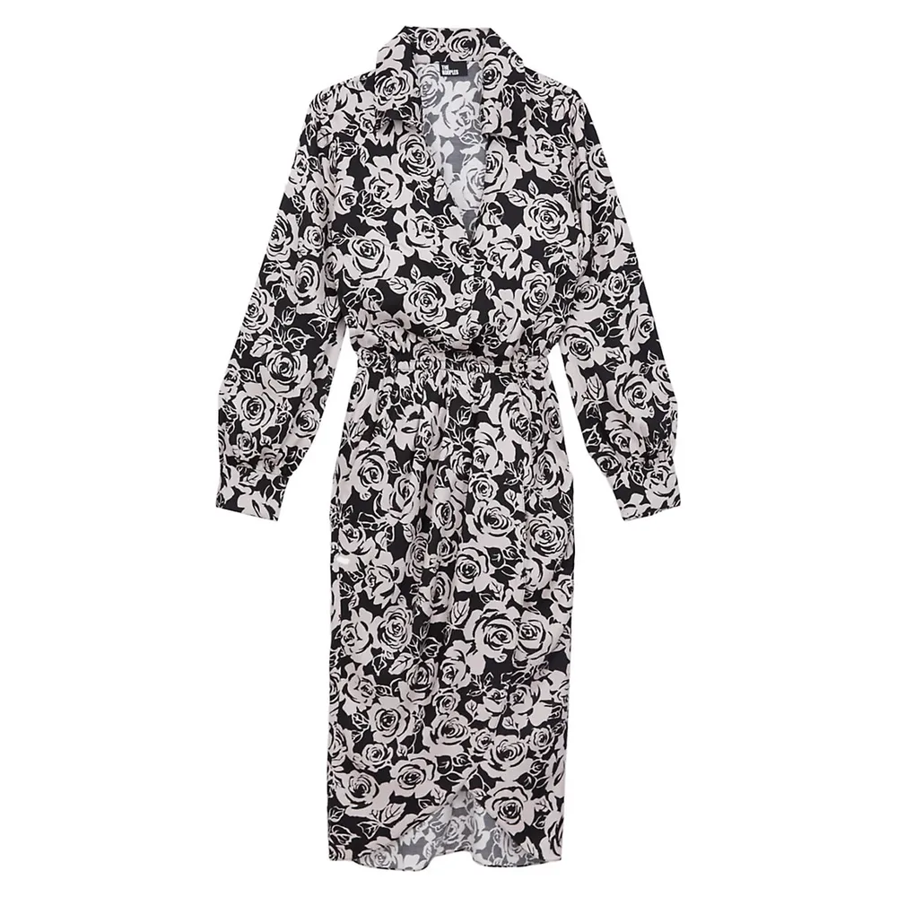 The Kooples Floral-Print Long-Sleeve Collared Midi Dress