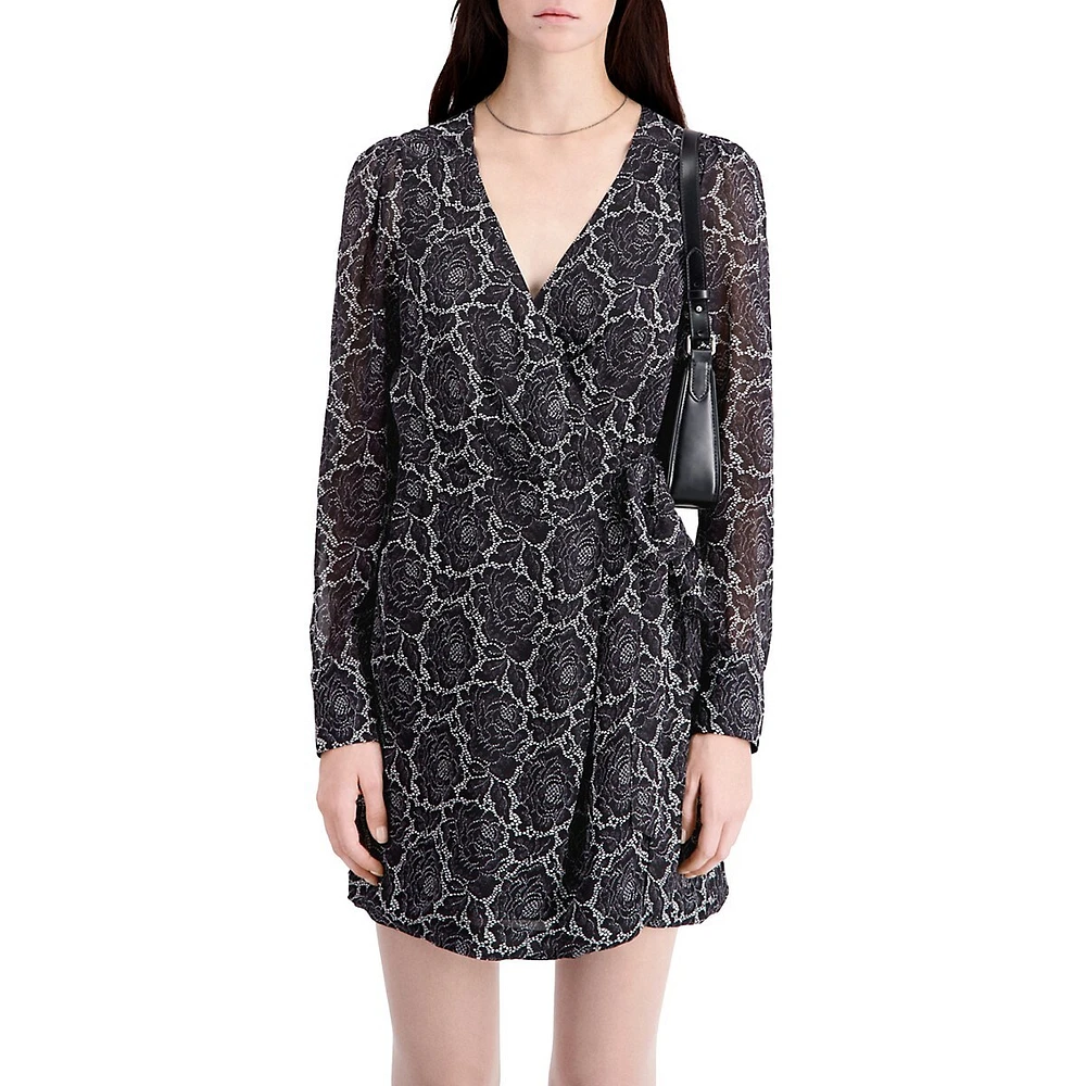 The Kooples Floral-Print Long-Sleeve Wrap Mini Dress