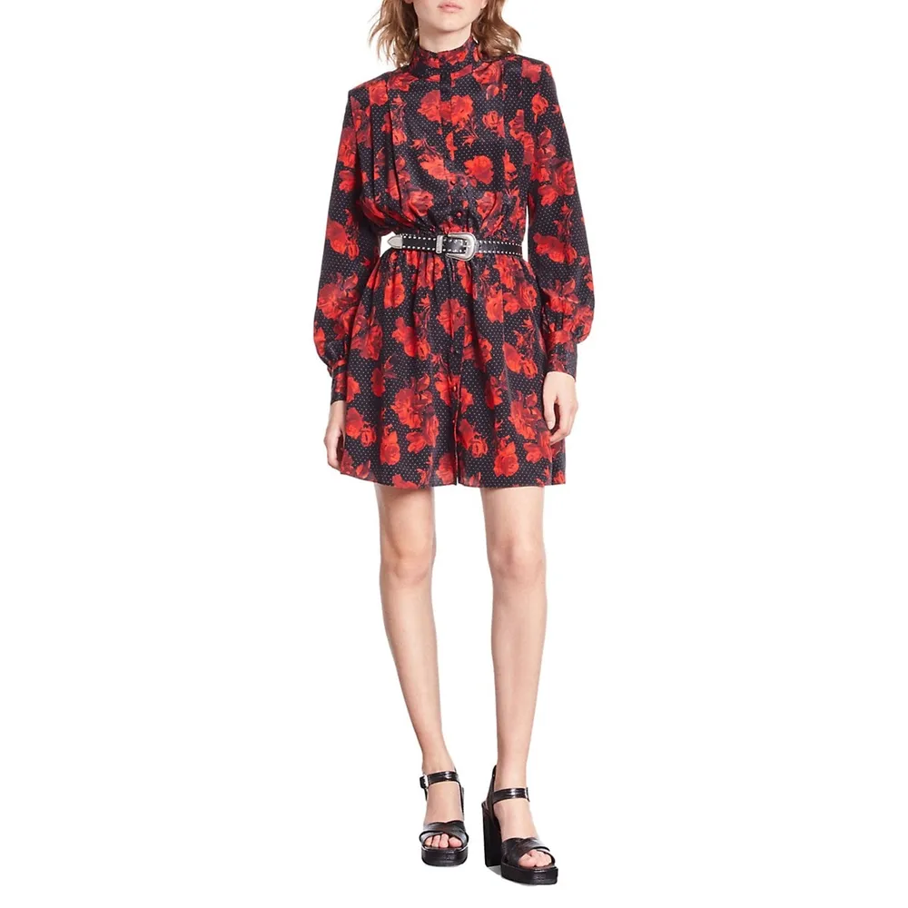 The Kooples Floral Silk Mini Shirt Dress