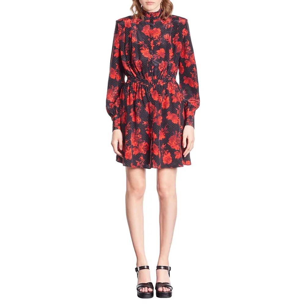 The Kooples Floral Silk Mini Shirt Dress