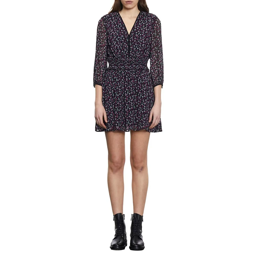 The Kooples Graphic-Print Smocked-Waist Mini Dress