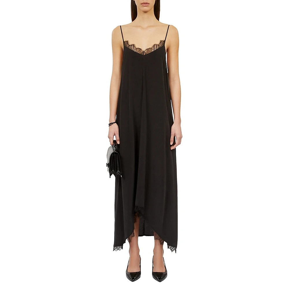 The Kooples Lace-Trim Washed Silk High-Low Slip Dress