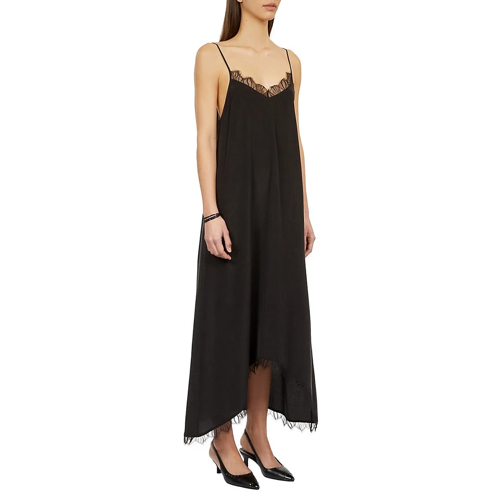 The Kooples Lace-Trim Washed Silk High-Low Slip Dress