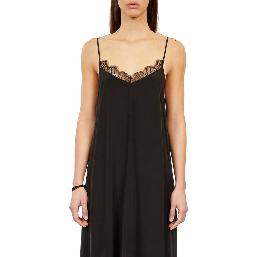 The Kooples Lace-Trim Washed Silk High-Low Slip Dress