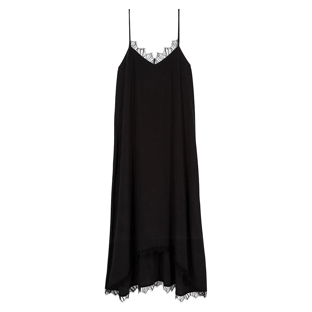 The Kooples Lace-Trim Washed Silk High-Low Slip Dress