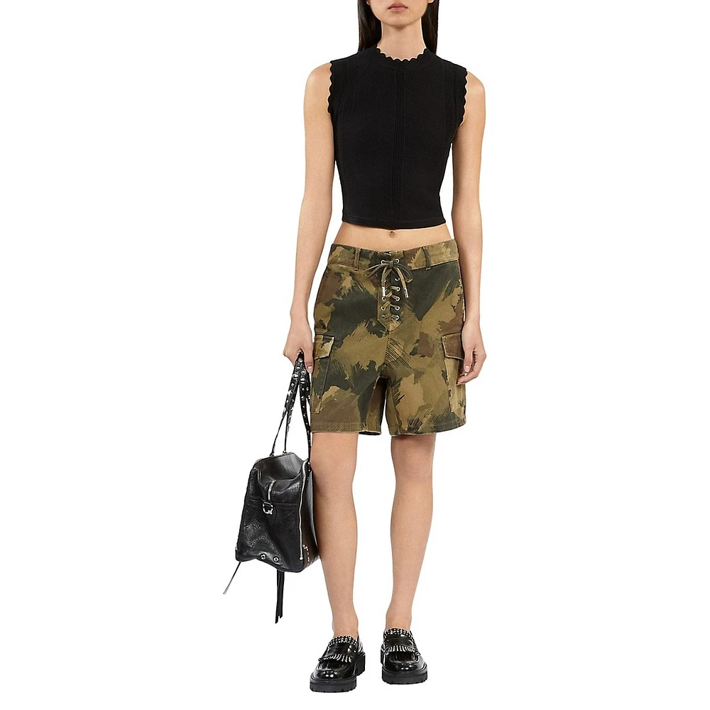 The Kooples Lace-Up Camouflage Denim Shorts