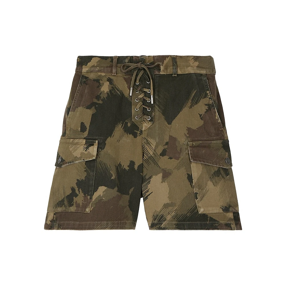 The Kooples Lace-Up Camouflage Denim Shorts