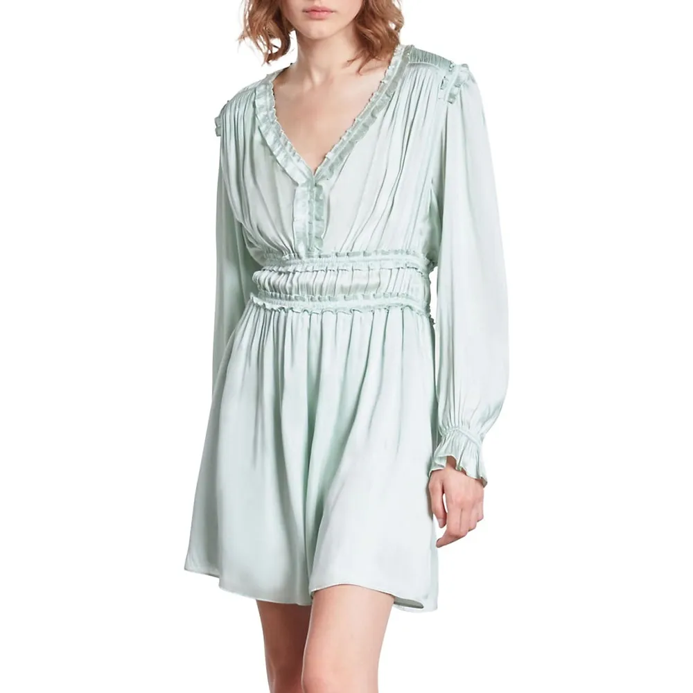 The Kooples Long-Sleeve Shirred Ruffled Mini Dress