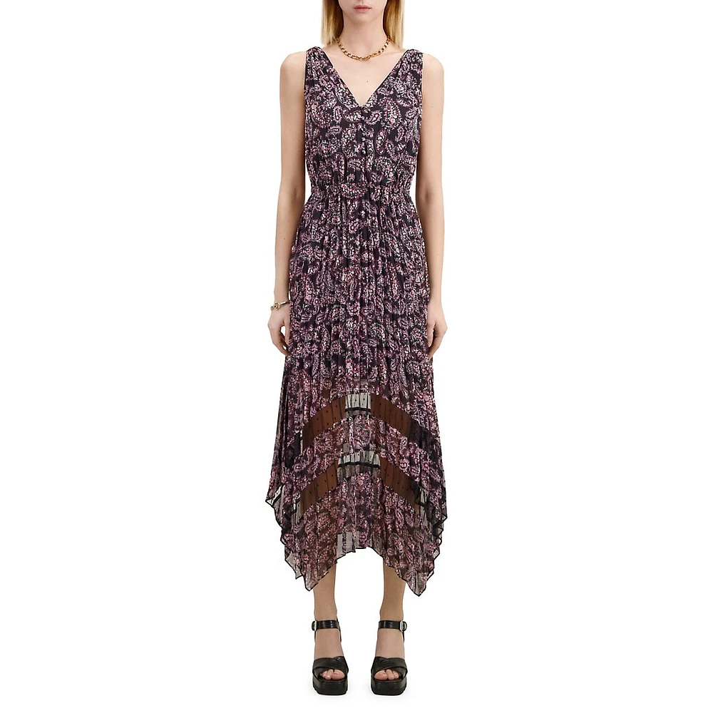 The Kooples Printed Sleeveless Pleated Sharkbite-Hem Maxi Dress