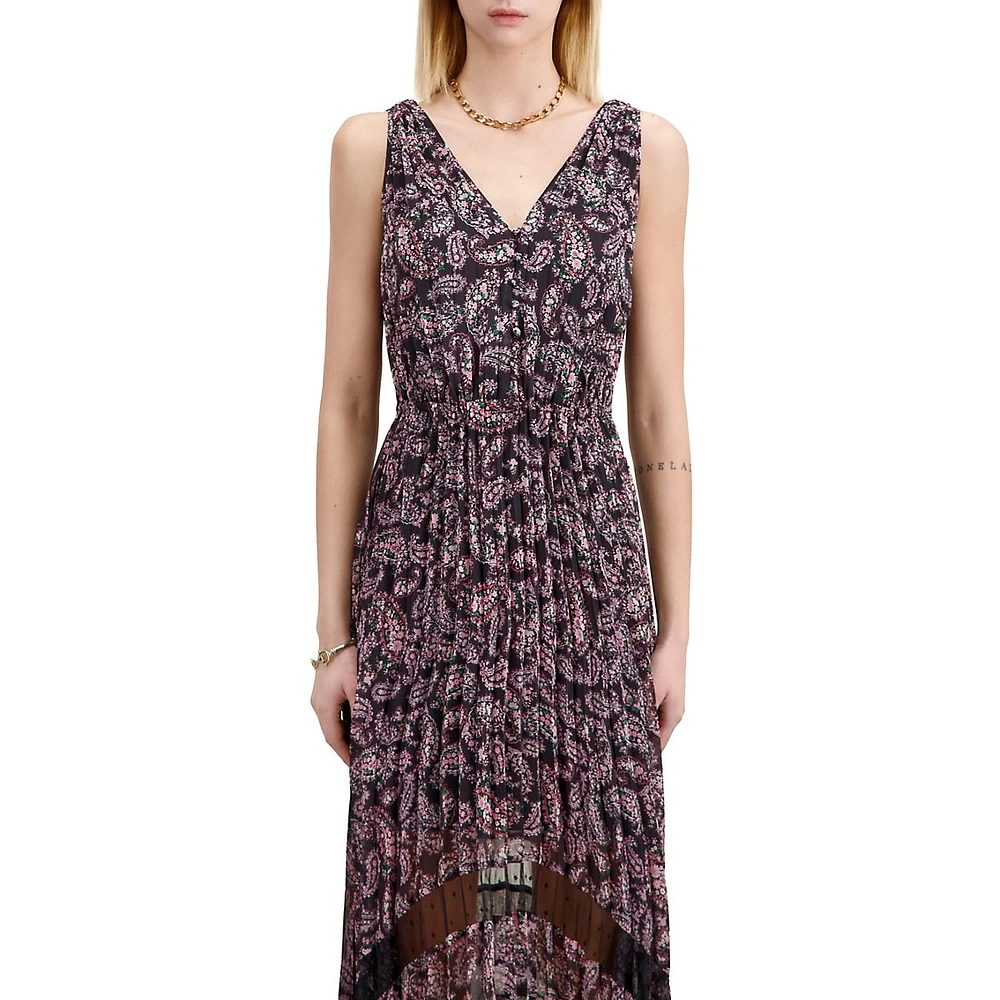 The Kooples Printed Sleeveless Pleated Sharkbite-Hem Maxi Dress