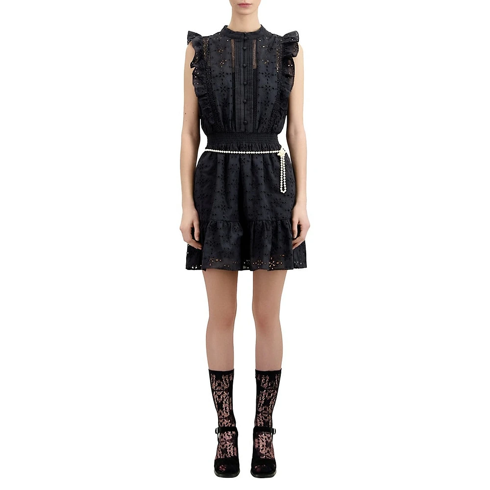 The Kooples Sleeveless Eyelet-Embroidered Ruffled Mini Dress