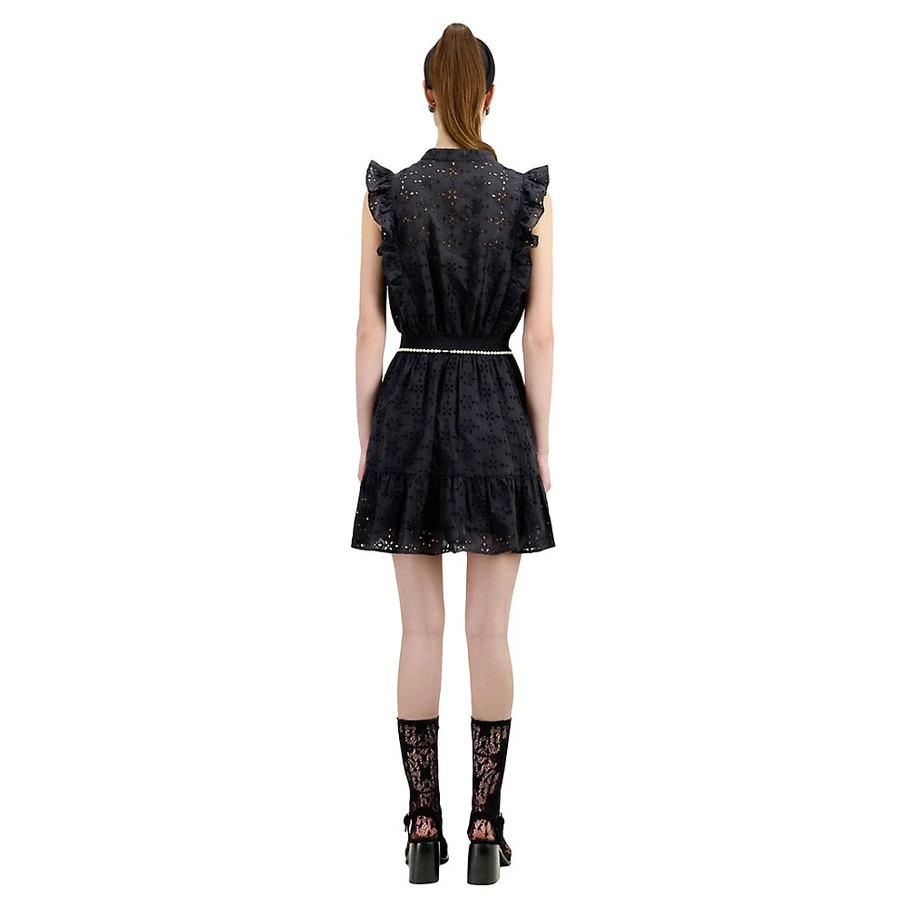 The Kooples Sleeveless Eyelet-Embroidered Ruffled Mini Dress