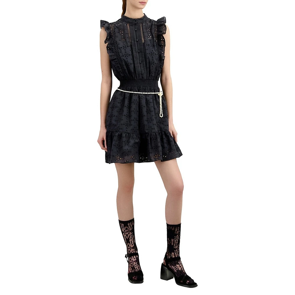 The Kooples Sleeveless Eyelet-Embroidered Ruffled Mini Dress