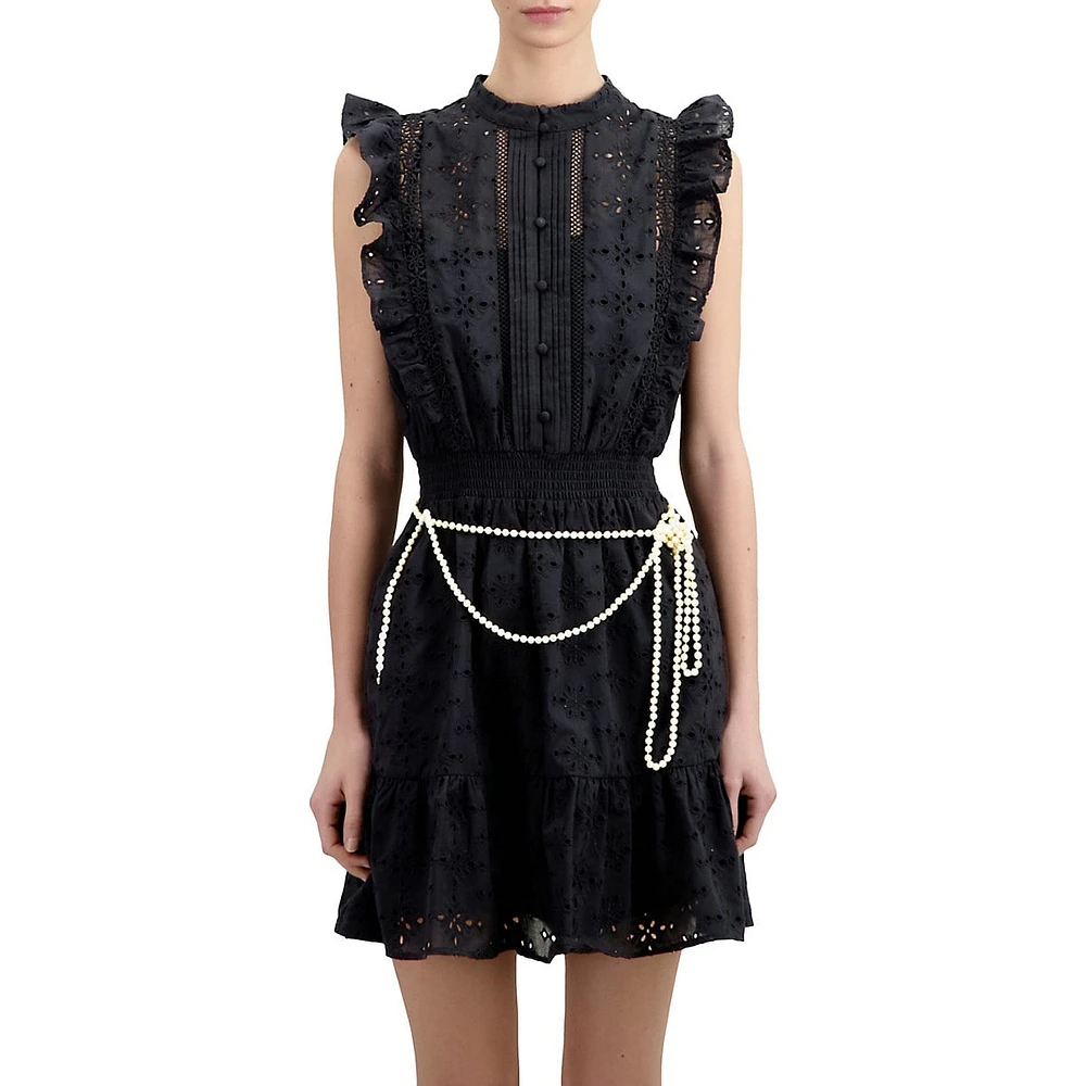 The Kooples Sleeveless Eyelet-Embroidered Ruffled Mini Dress