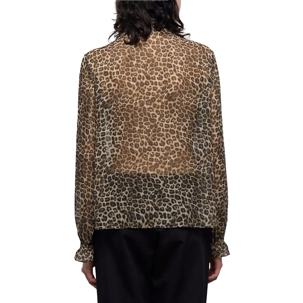 The Kooples Smocked Split Leopard-Print Blouse