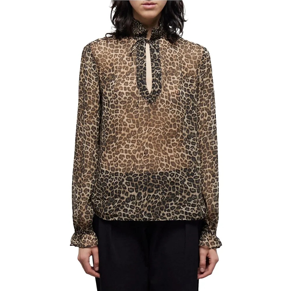 The Kooples Smocked Split Leopard-Print Blouse