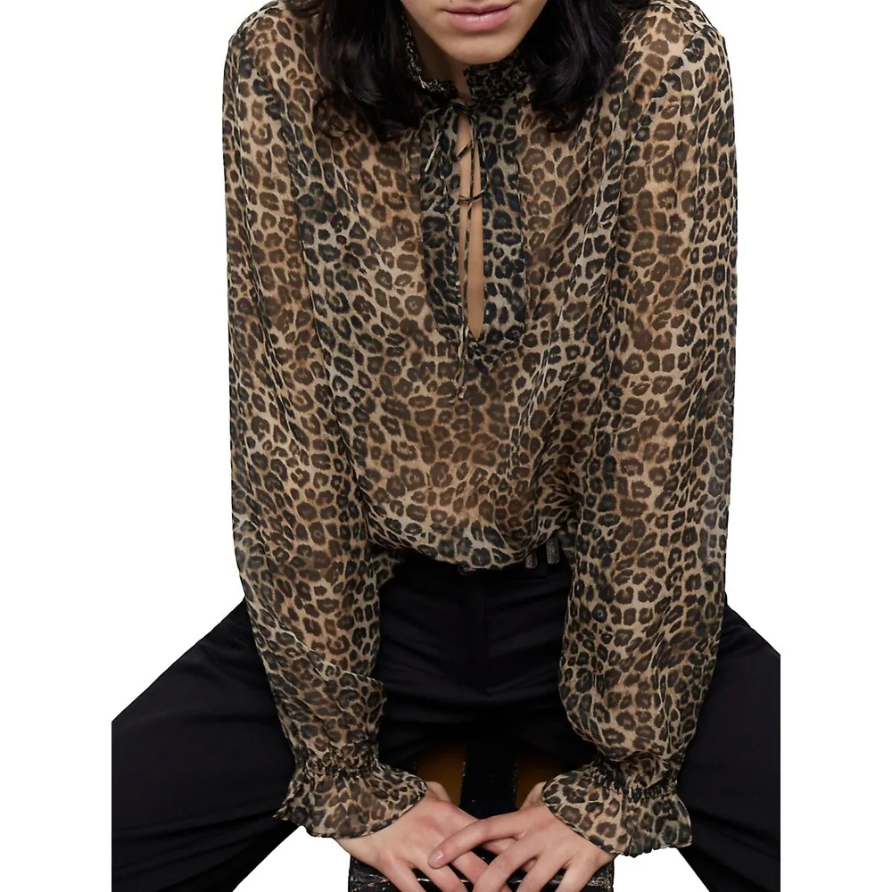 The Kooples Smocked Split Leopard-Print Blouse