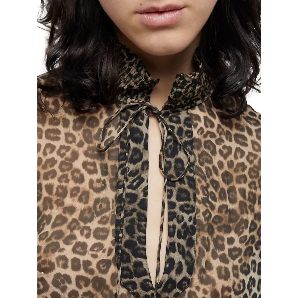 The Kooples Smocked Split Leopard-Print Blouse